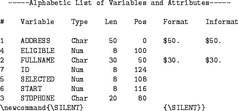 \begin{figure}\centering
\begin{verbatim}-Alphabetic List of Variables an...
...3 STDPHONE Char 20 80
\newcommand{\SILENT} {\SILENT}}\end{verbatim}
\end{figure}